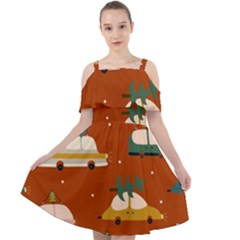 Cute Merry Christmas And Happy New Seamless Pattern With Cars Carrying Christmas Trees Cut Out Shoulders Chiffon Dress by EvgeniiaBychkova