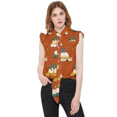 Cute Merry Christmas And Happy New Seamless Pattern With Cars Carrying Christmas Trees Frill Detail Shirt by EvgeniiaBychkova