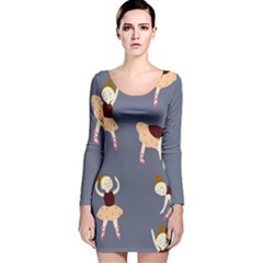 Cute  Pattern With  Dancing Ballerinas On The Blue Background Long Sleeve Velvet Bodycon Dress