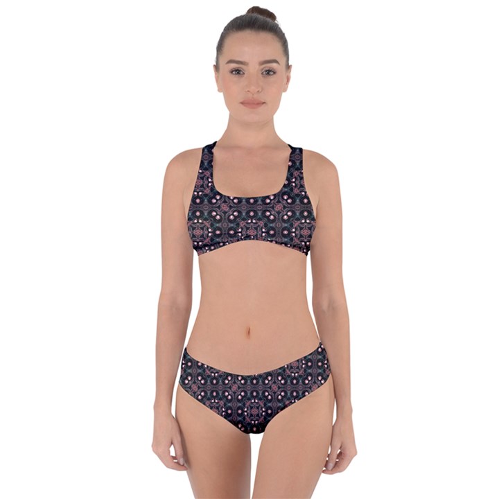 Dark Seamless Gemoetric Print Mosaic Criss Cross Bikini Set
