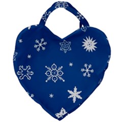 Christmas Seamless Pattern With White Snowflakes On The Blue Background Giant Heart Shaped Tote by EvgeniiaBychkova