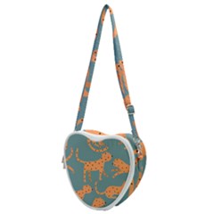 Vector Seamless Pattern With Cute Orange And  Cheetahs On The Blue Background  Tropical Animals Heart Shoulder Bag by EvgeniiaBychkova