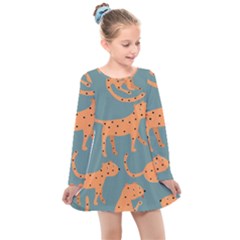 Vector Seamless Pattern With Cute Orange And  Cheetahs On The Blue Background  Tropical Animals Kids  Long Sleeve Dress by EvgeniiaBychkova