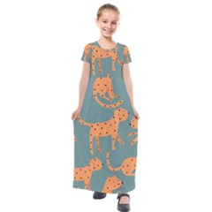 Vector Seamless Pattern With Cute Orange And  Cheetahs On The Blue Background  Tropical Animals Kids  Short Sleeve Maxi Dress by EvgeniiaBychkova