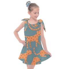 Vector Seamless Pattern With Cute Orange And  Cheetahs On The Blue Background  Tropical Animals Kids  Tie Up Tunic Dress by EvgeniiaBychkova