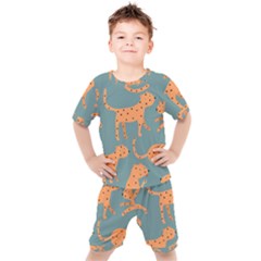 Vector Seamless Pattern With Cute Orange And  Cheetahs On The Blue Background  Tropical Animals Kids  Tee And Shorts Set by EvgeniiaBychkova