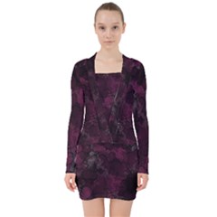 Purple Alcohol Ink V-neck Bodycon Long Sleeve Dress by Dazzleway