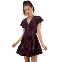 Purple Alcohol Ink Flutter Sleeve Wrap Dress by Dazzleway