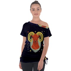 Zodiak Aries Horoscope Sign Star Off Shoulder Tie-up Tee