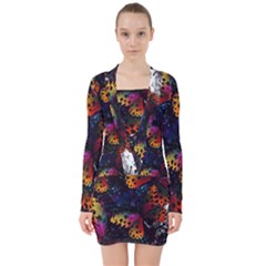 Butterfly Floral Pattern V-neck Bodycon Long Sleeve Dress by ArtsyWishy