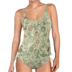 Beige Denim With Logos Tankini Set by ArtsyWishy