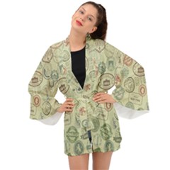 Beige Denim With Logos Long Sleeve Kimono by ArtsyWishy