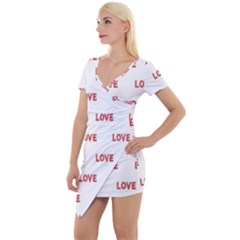 Flower Decorated Love Text Motif Print Pattern Short Sleeve Asymmetric Mini Dress by dflcprintsclothing