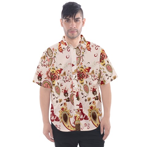 Red Floral Baatik Print Red Floral Baatik Print Men s Short Sleeve Shirt by designsbymallika