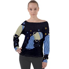 Aquarius Horoscope Astrology Zodiac Off Shoulder Long Sleeve Velour Top by Mariart