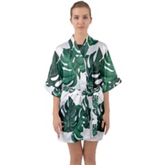 Illustrations Monstera Leafes Half Sleeve Satin Kimono 