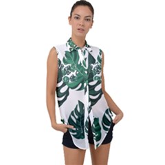 Illustrations Monstera Leafes Sleeveless Chiffon Button Shirt