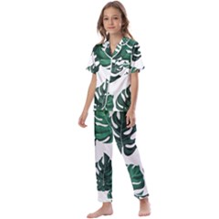 Illustrations Monstera Leafes Kids  Satin Short Sleeve Pajamas Set