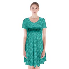 Green Denim Short Sleeve V-neck Flare Dress by ArtsyWishy