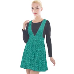 Green Denim Plunge Pinafore Velour Dress