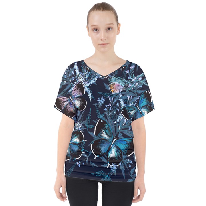 Beautiful Blue Butterflies  V-Neck Dolman Drape Top