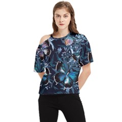 Beautiful Blue Butterflies  One Shoulder Cut Out Tee by ArtsyWishy