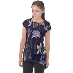 Butterflies and Flowers Painting Cap Sleeve High Low Top