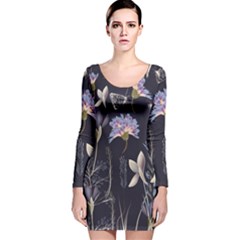 Butterflies and Flowers Painting Long Sleeve Velvet Bodycon Dress