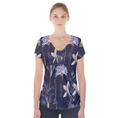 Butterflies and Flowers Painting Short Sleeve Front Detail Top