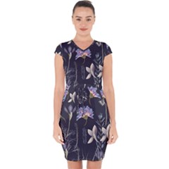 Butterflies and Flowers Painting Capsleeve Drawstring Dress 