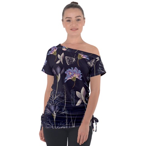 Butterflies And Flowers Painting Off Shoulder Tie-up Tee by ArtsyWishy