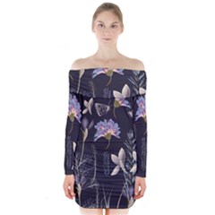 Butterflies and Flowers Painting Long Sleeve Off Shoulder Dress