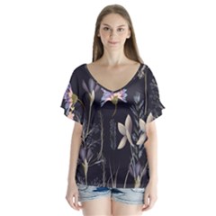 Butterflies and Flowers Painting V-Neck Flutter Sleeve Top