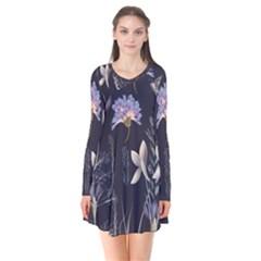 Butterflies and Flowers Painting Long Sleeve V-neck Flare Dress