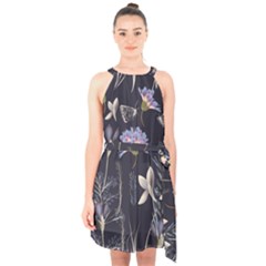 Butterflies and Flowers Painting Halter Collar Waist Tie Chiffon Dress