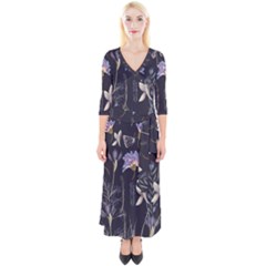 Butterflies and Flowers Painting Quarter Sleeve Wrap Maxi Dress