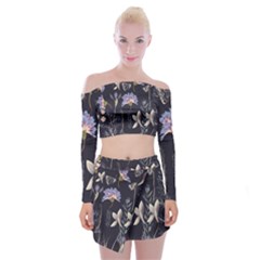 Butterflies and Flowers Painting Off Shoulder Top with Mini Skirt Set