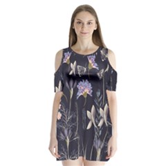 Butterflies and Flowers Painting Shoulder Cutout Velvet One Piece