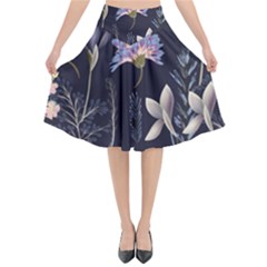 Butterflies and Flowers Painting Flared Midi Skirt