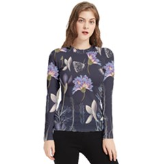 Butterflies and Flowers Painting Women s Long Sleeve Rash Guard