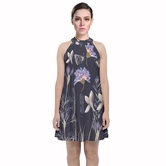 Butterflies and Flowers Painting Velvet Halter Neckline Dress 