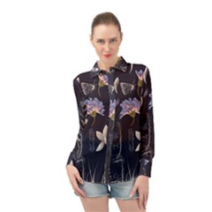 Butterflies and Flowers Painting Long Sleeve Chiffon Shirt