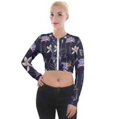 Butterflies and Flowers Painting Long Sleeve Cropped Velvet Jacket