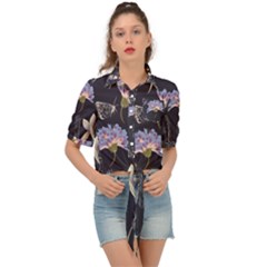 Butterflies and Flowers Painting Tie Front Shirt 