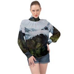 Mountain Landscape High Neck Long Sleeve Chiffon Top by goljakoff