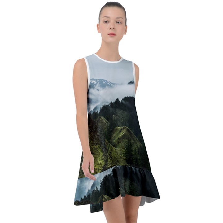 Mountain landscape Frill Swing Dress