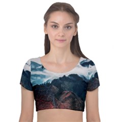 Dream Whale Velvet Short Sleeve Crop Top  by goljakoff