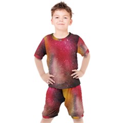 Red Galaxy Paint Kids  Tee And Shorts Set by goljakoff