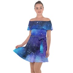 Blue Space Paint Off Shoulder Velour Dress by goljakoff