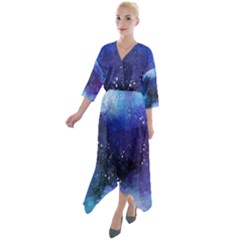 Blue Space Paint Quarter Sleeve Wrap Front Maxi Dress